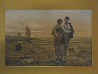 A 19th Century Dutch School enhanced coloured print "Lady and Gentleman by Shore Line" 11" x 17"