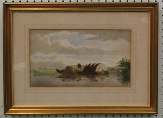 A 19th Century watercolour drawing "Barge Carrying Hay with Figure" 6" x 10"