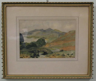 R M Snowden, watercolour drawing, "Mountain Scene with River and Bridge" signed and dated 1973, 7" x 10"