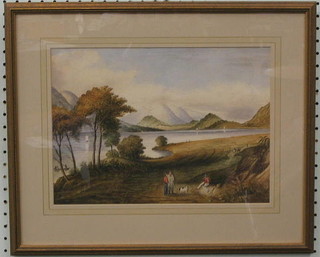 18th Century watercolour drawing "Figures by a Mountain Lake", the reverse with label "back of painting bears inscription Cromack Water and signed Catherine Crouchman" 9" x 13"