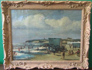 Gyrth Russell, oil painting on board, "Beach Scene with Bathing Machine, Marquees and Numerous Children Bathing" 17" x 23" 