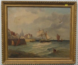 Van Bru?, a Continental oil painting on canvas "Fishing Boat Coming into Harbour" 17" x 21" (some damage to canvas)
