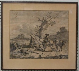 An 18th Century monochrome print "Mounted Traveller" 13" x 15"