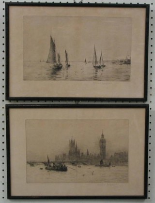 Roland Langmaid, 2 etchings "Sailing Boats and The Palace of Westminster" 7" x 11"