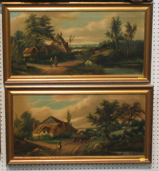 G Birdlip?, a pair of 19th Century oil paintings on canvas "House with Track and Figures" 12" x 23"