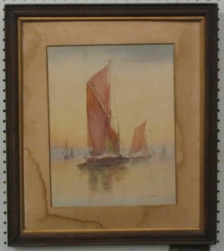 D Warren, watercolour "Four Sailing Boats at Dusk" 12" x 9"