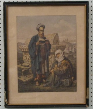 R Nangoh, a coloured print  "Standing Sage by a Monument with Mosque in Distance" 12" x 10"