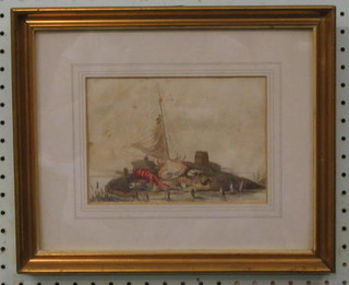 An 18th/19th Century watercolour drawing "Fishing Boat in Distance with Small Island in Foreground" 5" x 7"