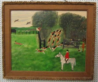 Stan Anscombe, amateur oil painting on board "Fox Hunt in Full Cry" 21" x 26"