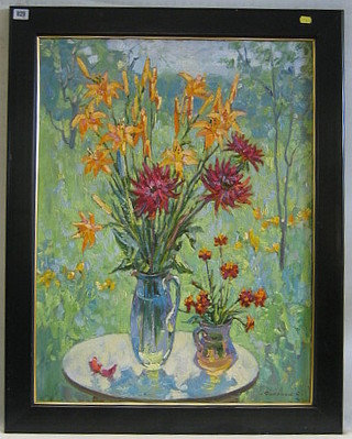 Stanislav Fomenok, Russian School oil painting on canvas, still life "Jugs of Flowers on a Table" 31" x 23"
