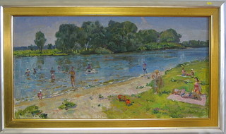 Leonid Kudryavtzev, Russian School impressionist oil painting on canvas, "Figures Bathing in River" 20" x 38"