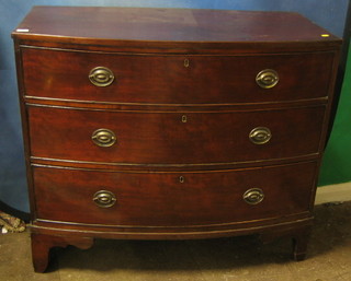 A Georgian mahogany bow front chest of 3 long drawers raised on bracket feet (rear feet f) 40"