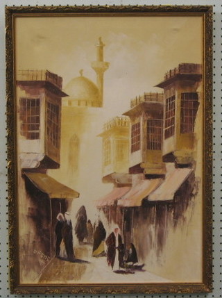 S Neme, Middle Eastern School, oil painting on canvas "Street Scene with Mosque" 20" x 18"
