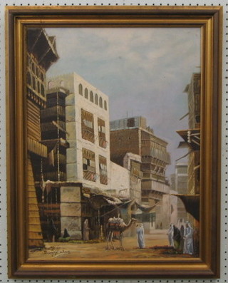 K Won, Middle Eastern School, oil painting on canvas "Buildings with Cow and Figures" 23" x 17"