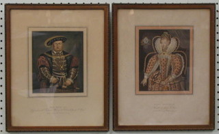 2 19th Century coloured prints "Queen Elizabeth Founder of Jesus College" and "Henry VIII Founder with Cardinal Wolsey of Christchurch College"  6" x 5"