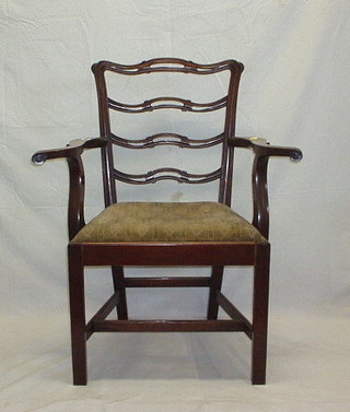 A 19th Century mahogany London ladderback carver chair with upholstered drop in seat, on square supports with H framed stretcher