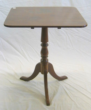 A 19th Century square snap top mahogany wine table raised  on pillar and tripod supports 23"