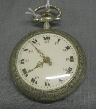 A Continental open faced pocket watch with painted dial and Roman numerals, the embossed reverse marked 1914 decorated King George V Poincare and Nicholas II 