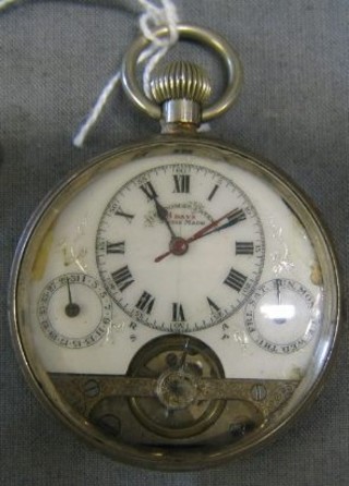 A Continental 8 day open faced pocket watch with visible escapement, calendar hand and date hand, contained in a gun metal case