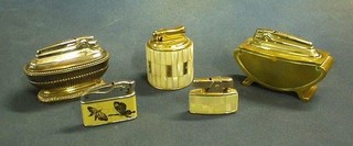 A Ronson Queen Anne silver plated table lighter, a brass Ronson boat shaped lighter, a Colibon gas lighter and 2 other lighters