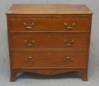 A 19th Century  mahogany chest of 3 long drawers, raised on splayed bracket feet 36"
