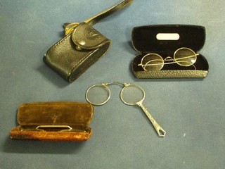 A pair of gilt metal pince nez, a pair of gilt metal spectacles, a lorgnette and a pair of plastic cased opera glasses