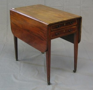 A handsome Georgian mahogany Pembroke table fitted 3 long drawers with brass swan neck drop handles, raised on square tapering supports ending in brass caps and castors 29"