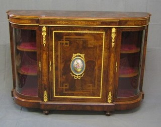 A Victorian figured walnutwood and inlaid Credenza, the centre panel set a "Sevres" porcelain plaque, inlaid throughout and with gilt metal mounts 60"