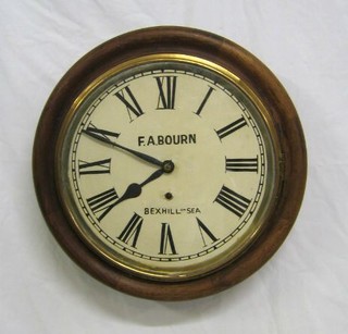 An 8 day Continental wall clock, the 12" painted dial marked F A Bourne of Bexhill on Sea contained in a pine case 