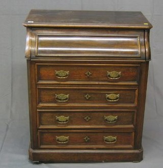 A 19th Century Continental rosewood enclosed wash stand with hinged lid above 4 long drawers with pierced brass plate drop handles, 31"