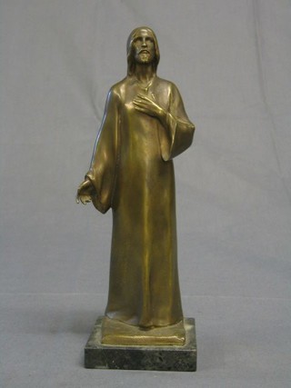 H Muler, a bronze figure of standing Christ with hand outstretched raised on a grey grained marble base 10"