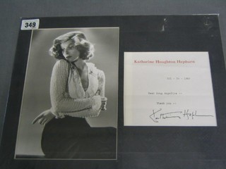 A black and white photograph of a seated Katharine Hepburn together with a typed written compliment slip Katharine Houghton Hepburn 3 24 87 Dear Doug Angelica -- Thank you -- Katherine Hepburn