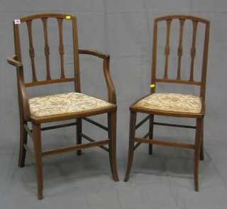 A set of 3 Edwardian inlaid mahogany stick and rail back dining chairs (1 carver, 2 standard)