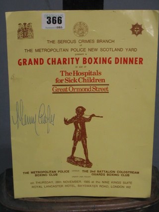 A poster for the Metropolitan Police Boxing Club V Second Betallion Cold Stream Guards Boxing Club in aid of the hospital for sick children Great Ormond Street signed by Henry Cooper, 28 November 1985