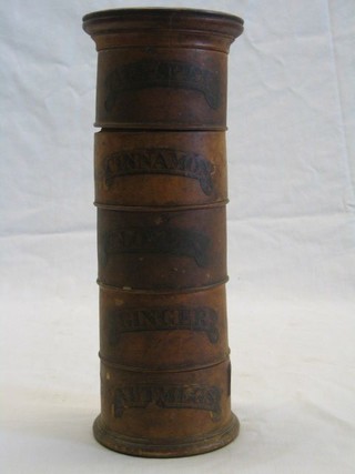 A Victorian cylindrical treen 5 section spice box, marked All spice, Cinnamon, Cloves, Ginger and Nutmeg, 11"