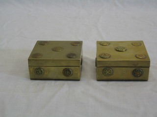 2 square Eastern brass trinket boxes with hinged lids 4"