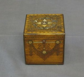 An Art Nouveau rosewood, brass and mother of pearl inlaid trinket box with hinged lid 5"