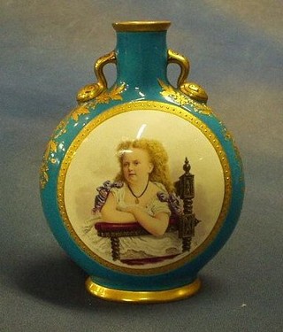 A 19th Century Minton porcelain moon flask with gilt handles, decorated a portrait of a  child, the base impressed Minton and marked Coalport decoration 1873, 8"