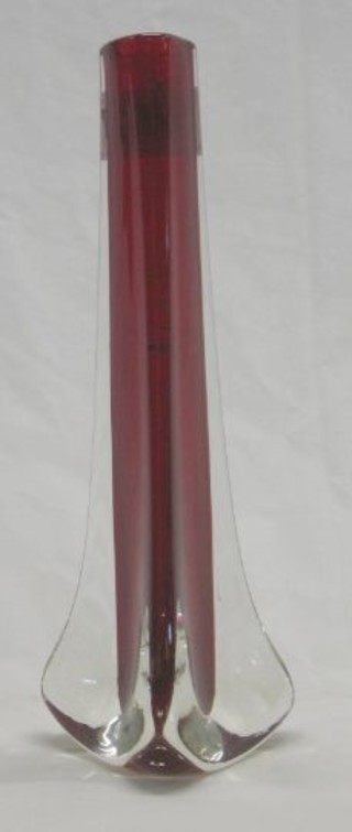 A Whitefriars tall 3 Sided Ruby ribbed glass vase 9"