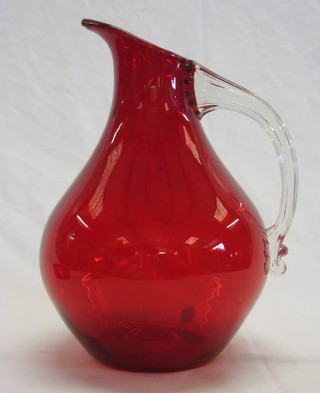 A Whitefriars large Ruby jug with clear glass handle 9"