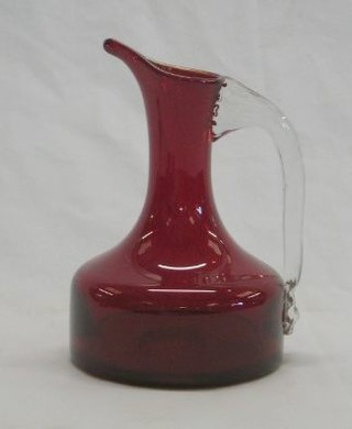 A Whitefriars small Red Wide Bottomed jug with clear glass handle 5"