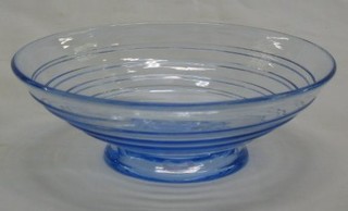 A Whitefriars circular shallow shaped Sapphire Ribbon Trail glass dish, raised on a circular spreading foot 6"