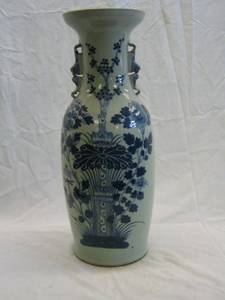 A large 19th/20th Century Oriental blue and white porcelain twin handled vase 23" with floral decoration