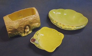 A Sylvac rectangular vase in the form of a tree trunk 8", a Beswick leaf shaped dish 11" and 1 other 7"