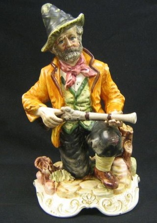 A Capo di Monte figure of a seated huntsman, the base marked Made In Italy