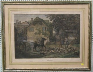 A 19th Century French coloured hunting print "Le Depart"  16" x 24"