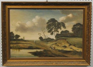 18th Century School, oil painting on board "Country Track with Windmill in Distance and Figures" 12" x 18"