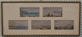 A set of 5 Continental watercolour drawings "Sea and Landscapes" 3" x 6" contained in  1 frame