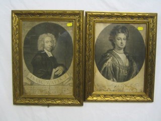 2 18th Century monochrome prints "Isaac Watts and Queen Anne" 11"