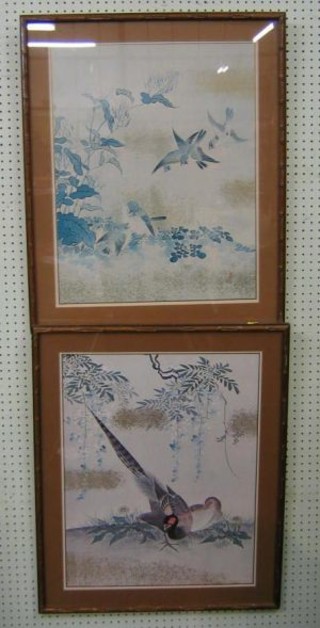 A pair of Oriental prints "Birds" 23" x 18" contained in bamboo effect finished frames